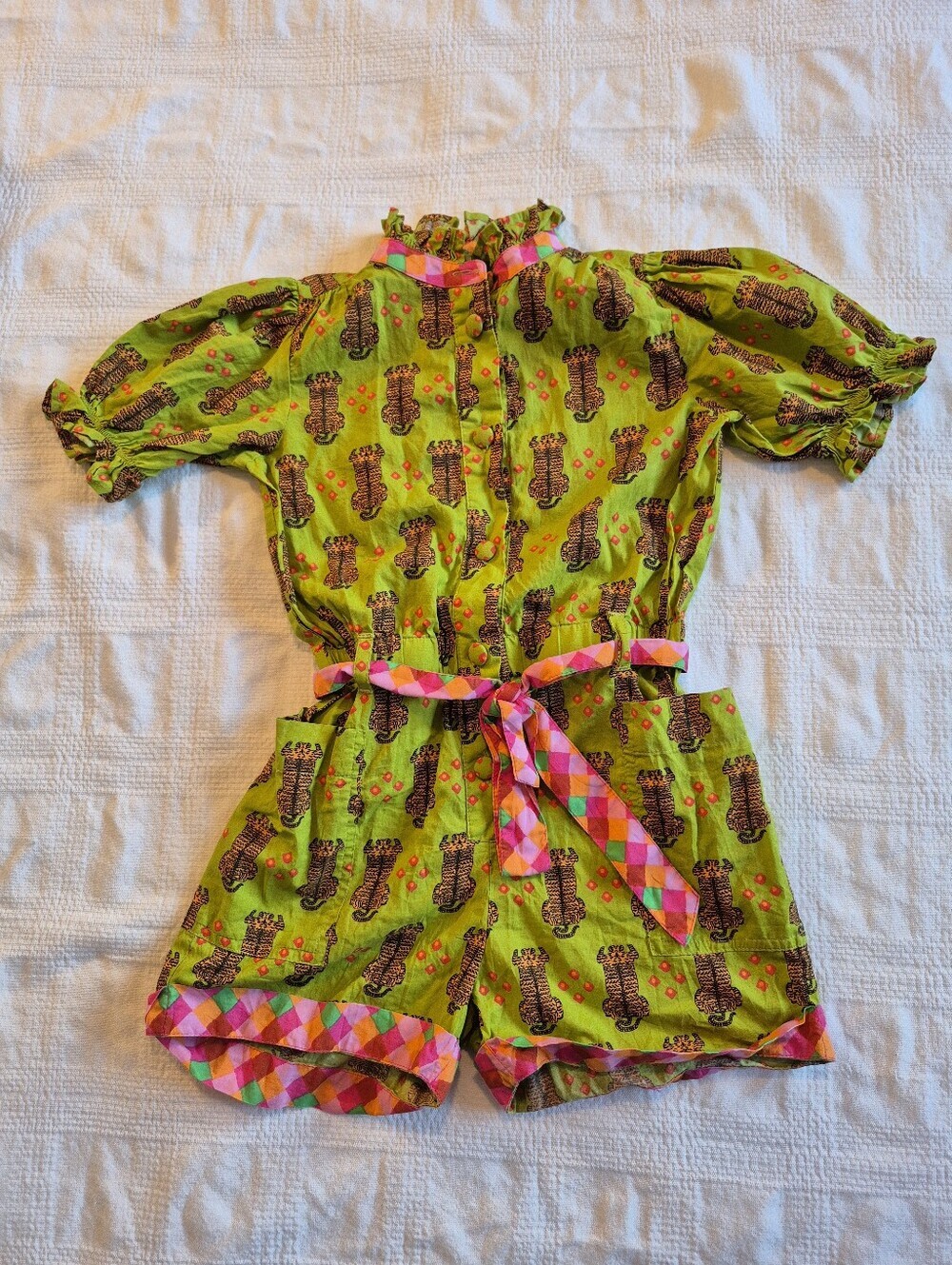 Lisa Corti & Monoprix girls 5-6 years green romper with tiger design EUC